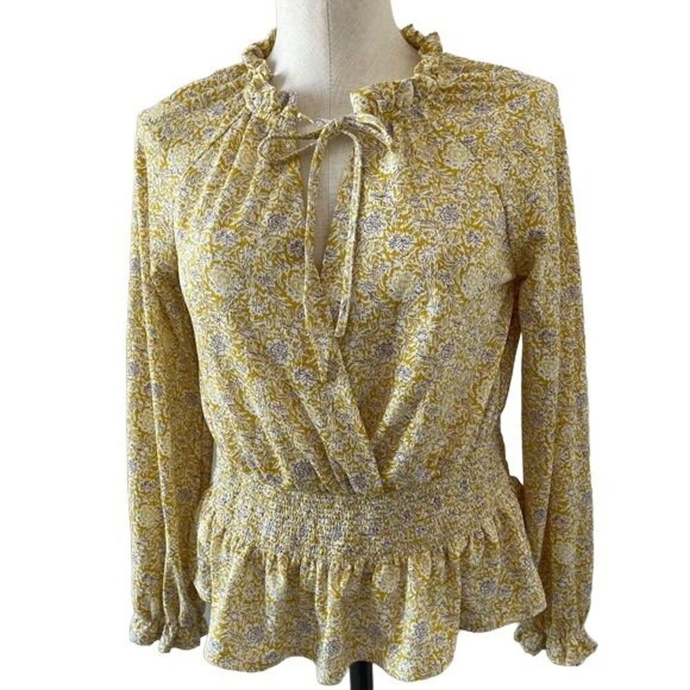 Melloday Blouse Yellow Floral Boho Ruffles Tie Keyhole Neck Faux Wrap Top Small